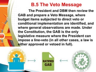 B.5 The Veto Message
The President and DBM then review the
GAB and prepare a Veto Message, where
budget items subjected to direct veto or
conditional implementation are identified, and
where general observations are made. Under
the Constitution, the GAB is the only
legislative measure where the President can
impose a line-veto (in all other cases, a law is
either approved or vetoed in full).
 