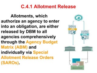 C.4.1 Allotment Release
Allotments, which
authorize an agency to enter
into an obligation, are either
released by DBM to all
agencies comprehensively
through the Agency Budget
Matrix (ABM) and
individually via Special
Allotment Release Orders
(SAROs).
 