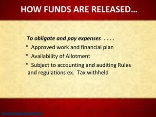 To obligate and pay expenses . . . .
* Approved work and financial plan
* Availability of Allotment
* Subject to accounting and auditing Rules
and regulations ex. Tax withheld
HOW FUNDS ARE RELEASED…
Government Budgeting
 