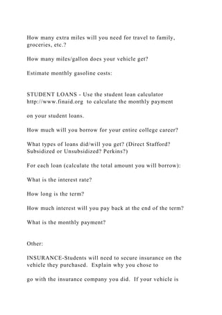 How many extra miles will you need for travel to family,
groceries, etc.?
How many miles/gallon does your vehicle get?
Estimate monthly gasoline costs:
STUDENT LOANS - Use the student loan calculator
http://www.finaid.org to calculate the monthly payment
on your student loans.
How much will you borrow for your entire college career?
What types of loans did/will you get? (Direct Stafford?
Subsidized or Unsubsidized? Perkins?)
For each loan (calculate the total amount you will borrow):
What is the interest rate?
How long is the term?
How much interest will you pay back at the end of the term?
What is the monthly payment?
Other:
INSURANCE-Students will need to secure insurance on the
vehicle they purchased. Explain why you chose to
go with the insurance company you did. If your vehicle is
 