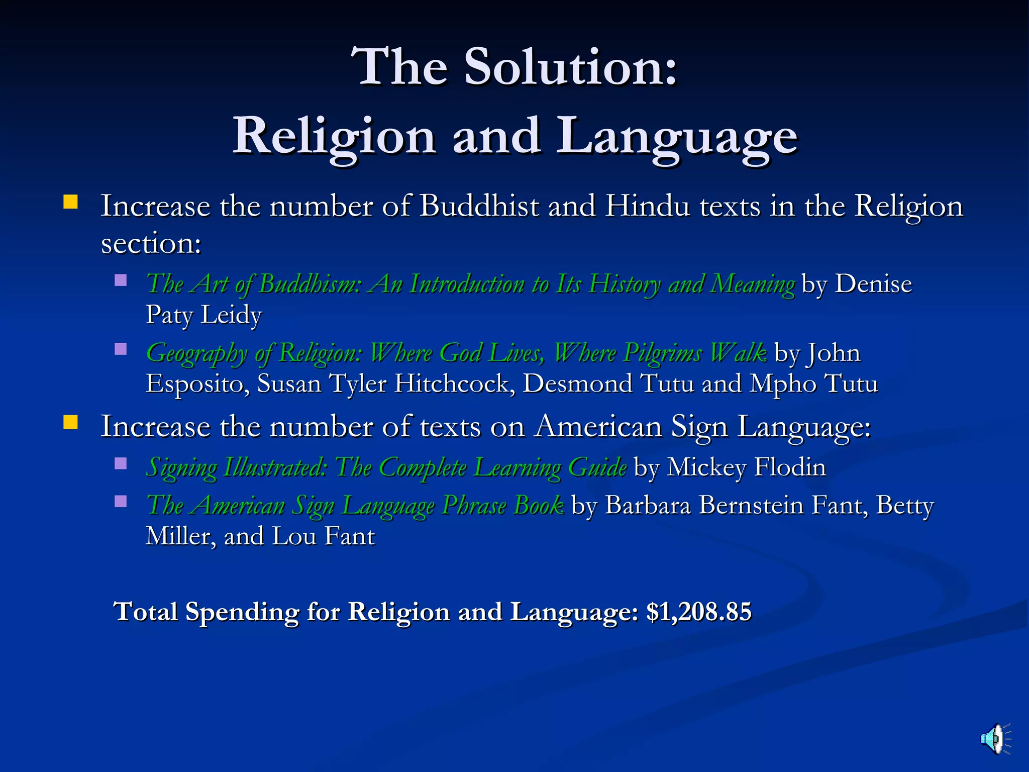 The Solution:
                Religion and Language
   Increase the number of Buddhist and Hindu texts in the Religion
    section:
       The Art of Buddhism: An Introduction to Its History and Meaning by Denise
        Paty Leidy
       Geography of Religion: Where God Lives, Where Pilgrims Walk by John
        Esposito, Susan Tyler Hitchcock, Desmond Tutu and Mpho Tutu
   Increase the number of texts on American Sign Language:
       Signing Illustrated: The Complete Learning Guide by Mickey Flodin
       The American Sign Language Phrase Book by Barbara Bernstein Fant, Betty
        Miller, and Lou Fant

    Total Spending for Religion and Language: $1,208.85
 