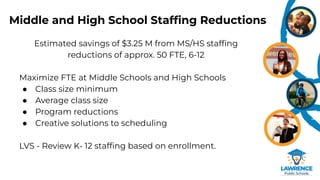 Middle and High School Stafﬁng Reductions
Estimated savings of $3.25 M from MS/HS stafﬁng
reductions of approx. 50 FTE, 6-12
Maximize FTE at Middle Schools and High Schools
● Class size minimum
● Average class size
● Program reductions
● Creative solutions to scheduling
LVS - Review K- 12 stafﬁng based on enrollment.
 