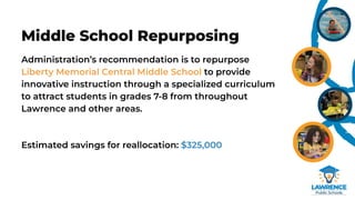 Administration’s recommendation is to repurpose
Liberty Memorial Central Middle School to provide
innovative instruction through a specialized curriculum
to attract students in grades 7-8 from throughout
Lawrence and other areas.
Estimated savings for reallocation: $325,000
Middle School Repurposing
 