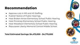 Recommendation
● Approve cuts in MS and HS Stafﬁng.
● Publish Notice of Public Hearings.
● Host Broken Arrow Elementary School Public Hearing.
● Host Pinckney Elementary School Public Hearing.
● Host Woodlawn Elementary School Public Hearing.
● Repurpose Liberty Memorial Central Middle School.
Total Estimated Savings: $4,475,000 - $4,775,000
 