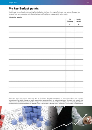 Budget 2011                                                                                                                                               15


My key Budget points
Use this page to record any key points arising from the Budget which you think might affect you or your business. Once you have
completed your summary, contact us to discuss the issues and for advice on any appropriate action to take.

Key point or question
                                                                                                                          To             Action
                                                                                                                      follow up          agreed




This Budget Report was prepared immediately after the Chancellor's Budget Statement based on official press releases and supporting
documentation. The Budget proposals are subject to amendment before the Finance Act receives Royal Assent. This Report is for guidance only,
and professional advice should be obtained before acting on any information contained herein. No responsibility can be accepted by the publishers
or the distributors for loss occasioned to any person as a result of action taken or refrained from in consequence of the contents of this publication.
 