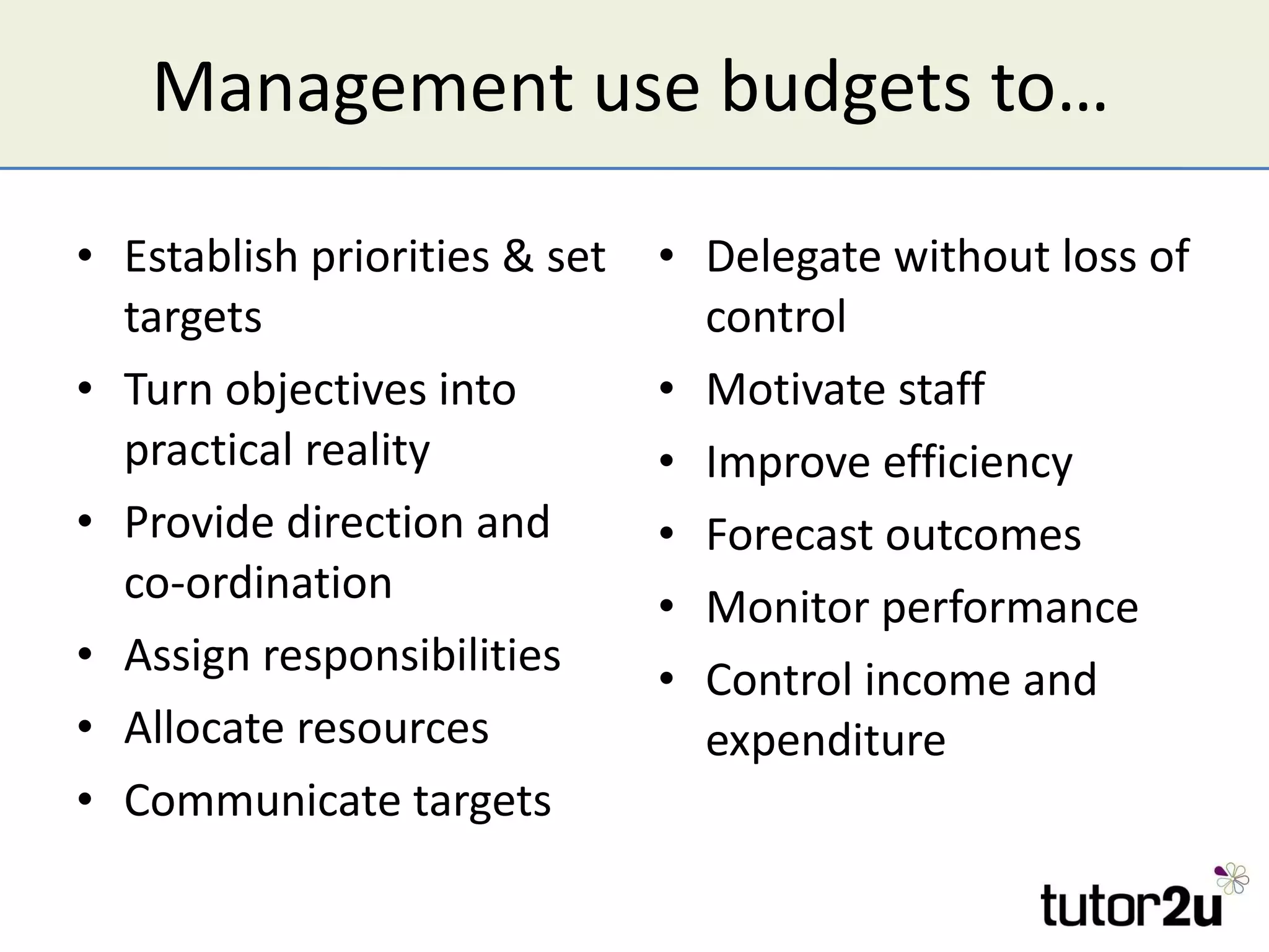 Management use budgets to… Establish priorities & set targets Turn objectives into practical reality Provide direction and co-ordination Assign responsibilities Allocate resources Communicate targets Delegate without loss of control Motivate staff Improve efficiency Forecast outcomes Monitor performance Control income and expenditure 