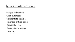 Typical cash outflows
• Wages and salaries
• Cash purchases
• Payments to payables
• Purchase of fixed assets
• Payment of rent
• Payment of insurance
• drawings
 