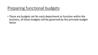 Preparing functional budgets
• These are budgets set for each department or function within the
business, all these budgets will be governed by the principle budget
factor
 
