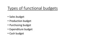 Types of functional budgets
• Sales budget
• Production budget
• Purchasing budget
• Expenditure budget
• Cash budget
 