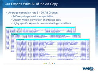Our Experts Write All of the Ad Copy
+ Average campaign has 8 - 20 Ad Groups
• AdGroups target customer specialties
• Custom written, conversion oriented ad copy
• Highly specific keywords combined with geo modifiers
10
 