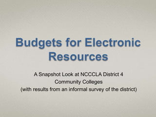 A Snapshot Look at NCCCLA District 4
Community Colleges
(with results from an informal survey of the district)
 