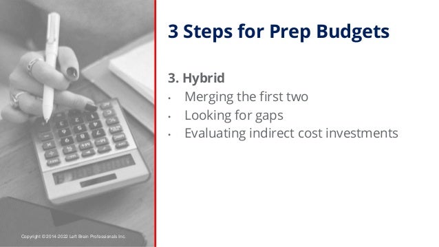 Copyright © 2014-2022 Left Brain Professionals Inc.
3 Steps for Prep Budgets
3. Hybrid
• Merging the first two
• Looking f...