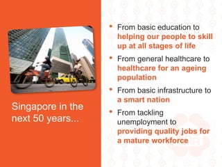 • From basic education to
helping our people to skill
up at all stages of life
• From general healthcare to
healthcare for an ageing
population
• From basic infrastructure to
a smart nation
• From tackling
unemployment to
providing quality jobs for
a mature workforce
Singapore in the
next 50 years...
 