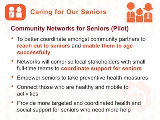 Caring for Our Seniors
• To better coordinate amongst community partners to
reach out to seniors and enable them to age
successfully
• Networks will comprise local stakeholders with small
full-time teams to coordinate support for seniors
• Empower seniors to take preventive health measures
• Connect those who are healthy and mobile to
activities
• Provide more targeted and coordinated health and
social support for seniors who need more help
Community Networks for Seniors (Pilot)
 