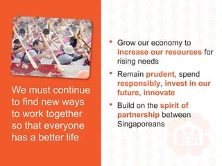 • Grow our economy to
increase our resources for
rising needs
• Remain prudent, spend
responsibly, invest in our
future, innovate
• Build on the spirit of
partnership between
Singaporeans
We must continue
to find new ways
to work together
so that everyone
has a better life
 