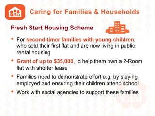Caring for Families & Households
• For second-timer families with young children,
who sold their first flat and are now living in public
rental housing
• Grant of up to $35,000, to help them own a 2-Room
flat with shorter lease
• Families need to demonstrate effort e.g. by staying
employed and ensuring their children attend school
• Work with social agencies to support these families
Fresh Start Housing Scheme
 