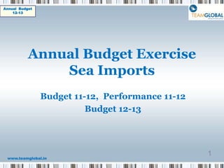 Annual Budget
    12-13




           Annual Budget Exercise
               Sea Imports
                Budget 11-12, Performance 11-12
                          Budget 12-13




 www.teamglobal.in
                                                  1
 
