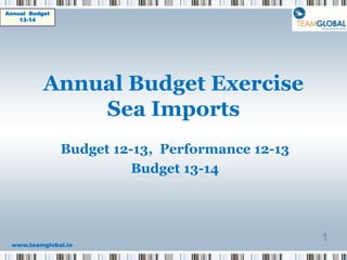 Annual Budget
    13-14




           Annual Budget Exercise
               Sea Imports
                Budget 12-13, Performance 12-13
                          Budget 13-14




 www.teamglobal.in
                                                  1
 