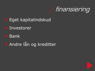 / finansiering
Eget kapitalindskud
Investorer
Bank
Andre lån og kreditter
 