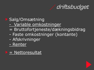 / driftsbudget
Salg/Omsætning
- Variable omkostninger
= Bruttofortjeneste/dækningsbidrag
- Faste omkostninger (kontante)
- Afskrivninger
- Renter
= Nettoresultat
 