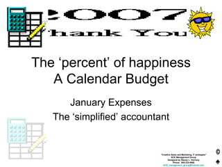 The ‘percent’ of happiness A Calendar Budget January Expenses The ‘simplified’ accountant 