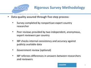 Citizen Engagement for Social Service Delivery
Rigorous Survey Methodology
6
• Data quality assured through five-step process:
• Survey completed by nonpartisan expert country
researcher
• Peer reviews provided by two independent, anonymous,
expert reviewers per country
• IBP checks internal consistency and accuracy against
publicly available data
• Government review (optional)
• IBP referees differences in answers between researchers
and reviewers
 