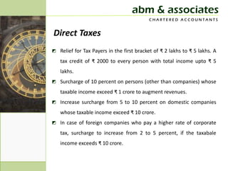 abm & associates
                                           CHARTERED ACCOUNTANTS


Direct Taxes
◩ Relief for Tax Payers in the first bracket of ₹ 2 lakhs to ₹ 5 lakhs. A
   tax credit of ₹ 2000 to every person with total income upto ₹ 5
   lakhs.
◩ Surcharge of 10 percent on persons (other than companies) whose
   taxable income exceed ₹ 1 crore to augment revenues.
◩ Increase surcharge from 5 to 10 percent on domestic companies
   whose taxable income exceed ₹ 10 crore.
◩ In case of foreign companies who pay a higher rate of corporate
   tax, surcharge to increase from 2 to 5 percent, if the taxabale
   income exceeds ₹ 10 crore.
 