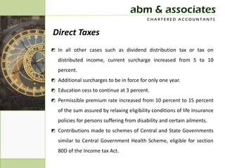 abm & associates
                                           CHARTERED ACCOUNTANTS


Direct Taxes
◩ In all other cases such as dividend distribution tax or tax on
   distributed income, current surcharge increased from 5 to 10
   percent.
◩ Additional surcharges to be in force for only one year.
◩ Education cess to continue at 3 percent.
◩ Permissible premium rate increased from 10 percent to 15 percent
   of the sum assured by relaxing eligibility conditions of life insurance
   policies for persons suffering from disability and certain ailments.
◩ Contributions made to schemes of Central and State Governments
   similar to Central Government Health Scheme, eligible for section
   80D of the Income tax Act.
 