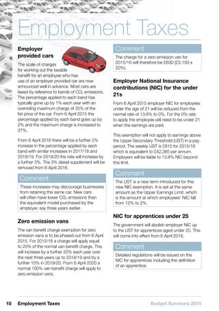 Budget Summary 201510 Employment Taxes
Employment Taxes
Employer
provided cars
The scale of charges
for working out the taxable
benefit for an employee who has
use of an employer provided car are now
announced well in advance. Most cars are
taxed by reference to bands of CO2 emissions.
The percentage applied to each band has
typically gone up by 1% each year with an
overriding maximum charge of 35% of the
list price of the car. From 6 April 2015 the
percentage applied by each band goes up by
2% and the maximum charge is increased to
37%.
From 6 April 2016 there will be a further 2%
increase in the percentage applied by each
band with similar increases in 2017/18 and
2018/19. For 2019/20 the rate will increase by
a further 3%. The 3% diesel supplement will be
removed from 6 April 2016.
Comment
These increases may discourage businesses
from retaining the same car. New cars
will often have lower CO2 emissions than
the equivalent model purchased by the
employer, say three years earlier.
Zero emission vans
The van benefit charge exemption for zero
emission vans is to be phased out from 6 April
2015. For 2015/16 a charge will apply equal
to 20% of the normal van benefit charge. This
will increase by a further 20% each year over
the next three years up to 2018/19 and by a
further 10% in 2019/20. From 6 April 2020 a
normal 100% van benefit charge will apply to
zero emission vans.
Comment
The charge for a zero emission van for
2015/16 will therefore be £630 (£3,150 x
20%).
Employer National Insurance
contributions (NIC) for the under
21s
From 6 April 2015 employer NIC for employees
under the age of 21 will be reduced from the
normal rate of 13.8% to 0%. For the 0% rate
to apply the employee will need to be under 21
when the earnings are paid.
This exemption will not apply to earnings above
the Upper Secondary Threshold (UST) in a pay
period. The weekly UST is £815 for 2015/16
which is equivalent to £42,385 per annum.
Employers will be liable to 13.8% NIC beyond
this limit.
Comment
The UST is a new term introduced for this
new NIC exemption. It is set at the same
amount as the Upper Earnings Limit, which
is the amount at which employees’ NIC fall
from 12% to 2%.
NIC for apprentices under 25
The government will abolish employer NIC up
to the UST for apprentices aged under 25. This
will come into effect from 6 April 2016.
Comment
Detailed regulations will be issued on the
NIC for apprentices including the definition
of an apprentice.
 