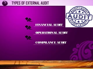 FINANCIAL AUDIT
OPERATIONAL AUDIT
COMPILANCE AUDIT
TYPES OF EXTERNAL AUDIT
 