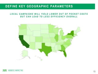 13
DEFINE KEY GEOGRAPHIC PARAMETERS
L O C A L C A M PA I G N S W I L L Y I E L D L O W E R O U T O F P O C K E T C O S T S
B U T C A N L E A D T O L E S S E F F I C I E N C Y O V E R A L L
 