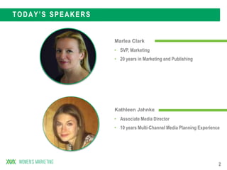 2
TODAY’S SPEAKERS
Marlea Clark
• SVP, Marketing
• 20 years in Marketing and Publishing
Kathleen Jahnke
• Associate Media Director
• 10 years Multi-Channel Media Planning Experience
 