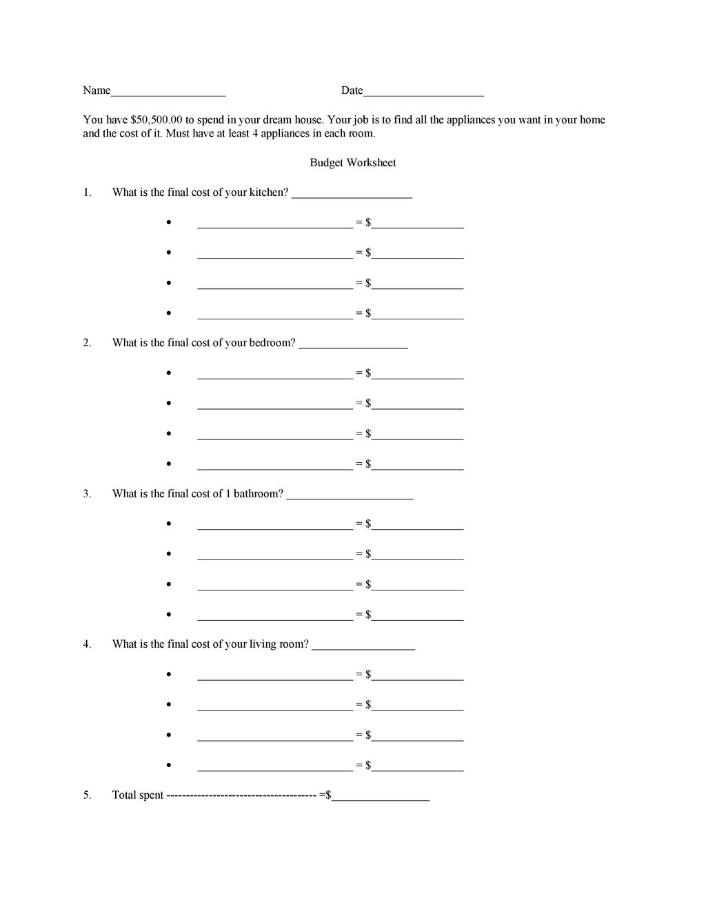Free budgeting math worksheets