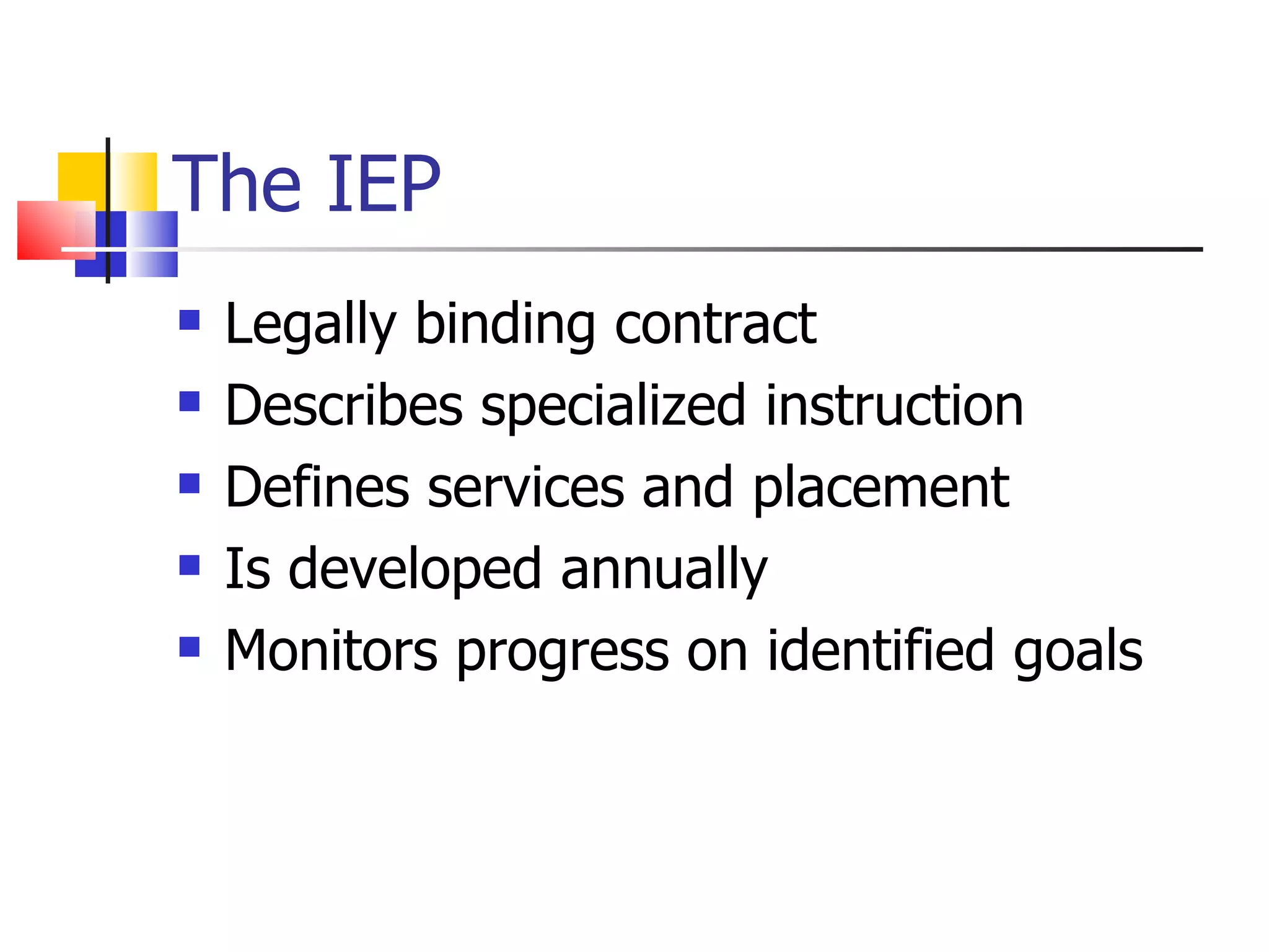 The IEP Legally binding contract Describes specialized instruction Defines services and placement Is developed annually Monitors progress on identified goals 
