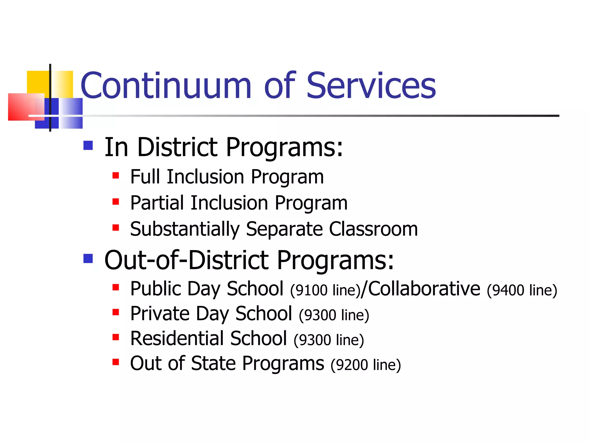 Continuum of Services  In District Programs: Full Inclusion Program Partial Inclusion Program Substantially Separate Classroom Out-of-District Programs: Public Day School  (9100 line) /Collaborative  (9400 line) Private Day School  (9300 line) Residential School  (9300 line) Out of State Programs  (9200 line) 