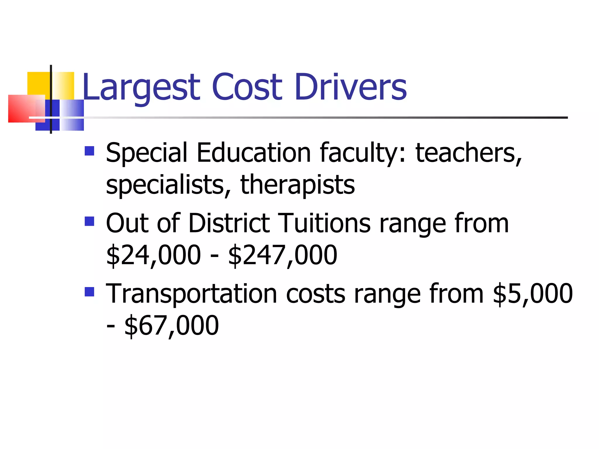 Largest Cost Drivers Special Education faculty: teachers, specialists, therapists Out of District Tuitions range from $24,000 - $247,000 Transportation costs range from $5,000 - $67,000 