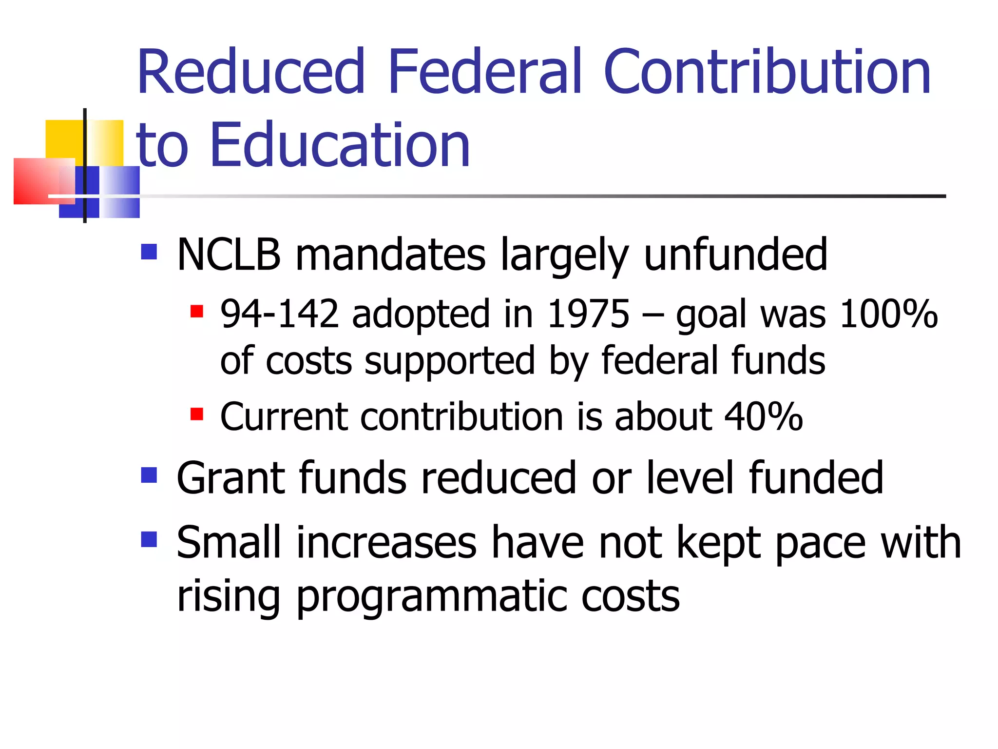 Reduced Federal Contribution to Education  NCLB mandates largely unfunded 94-142 adopted in 1975 – goal was 100% of costs supported by federal funds Current contribution is about 40% Grant funds reduced or level funded Small increases have not kept pace with rising programmatic costs 