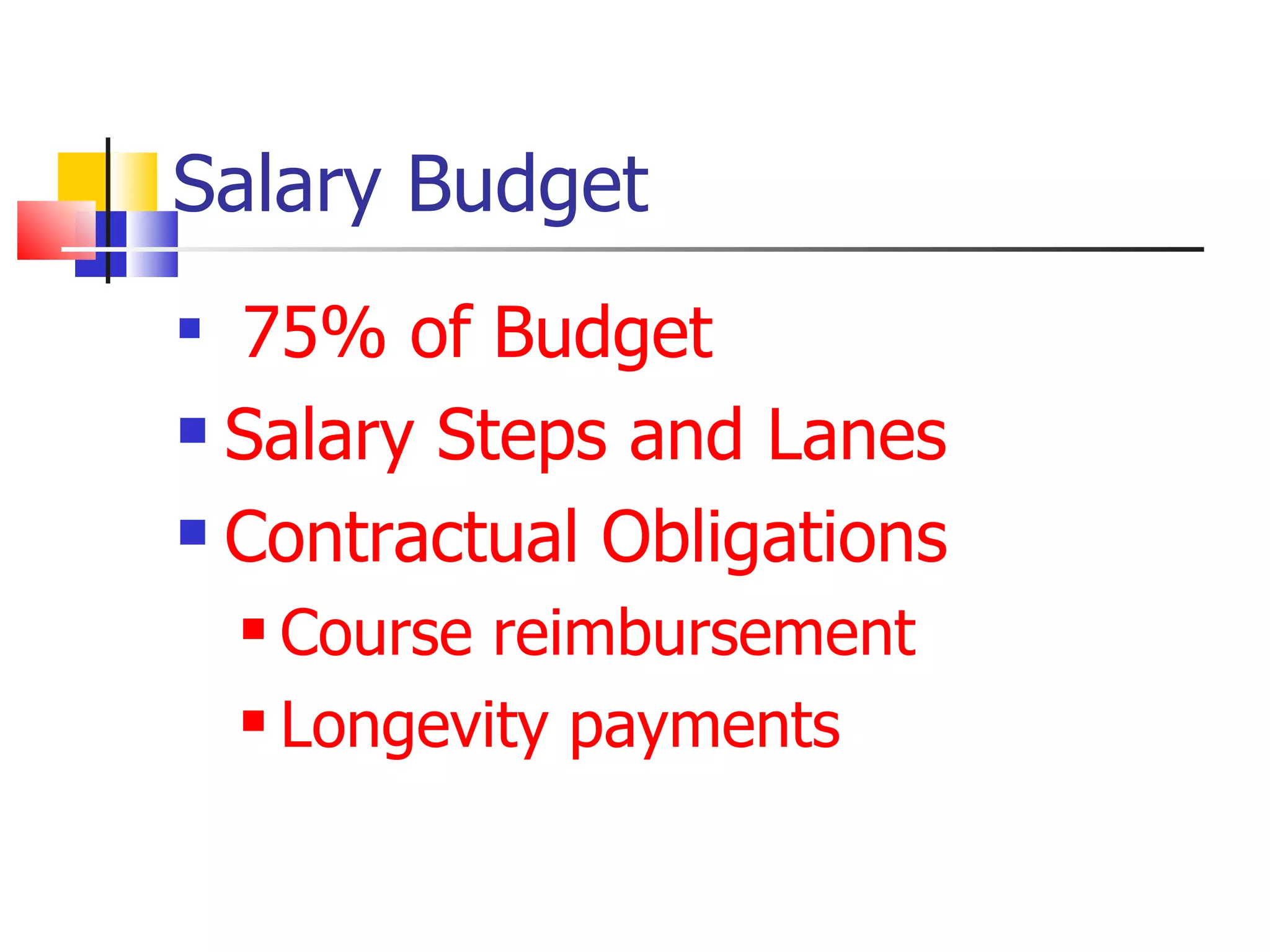 Salary Budget 75% of Budget  Salary Steps and Lanes Contractual Obligations Course reimbursement Longevity payments 