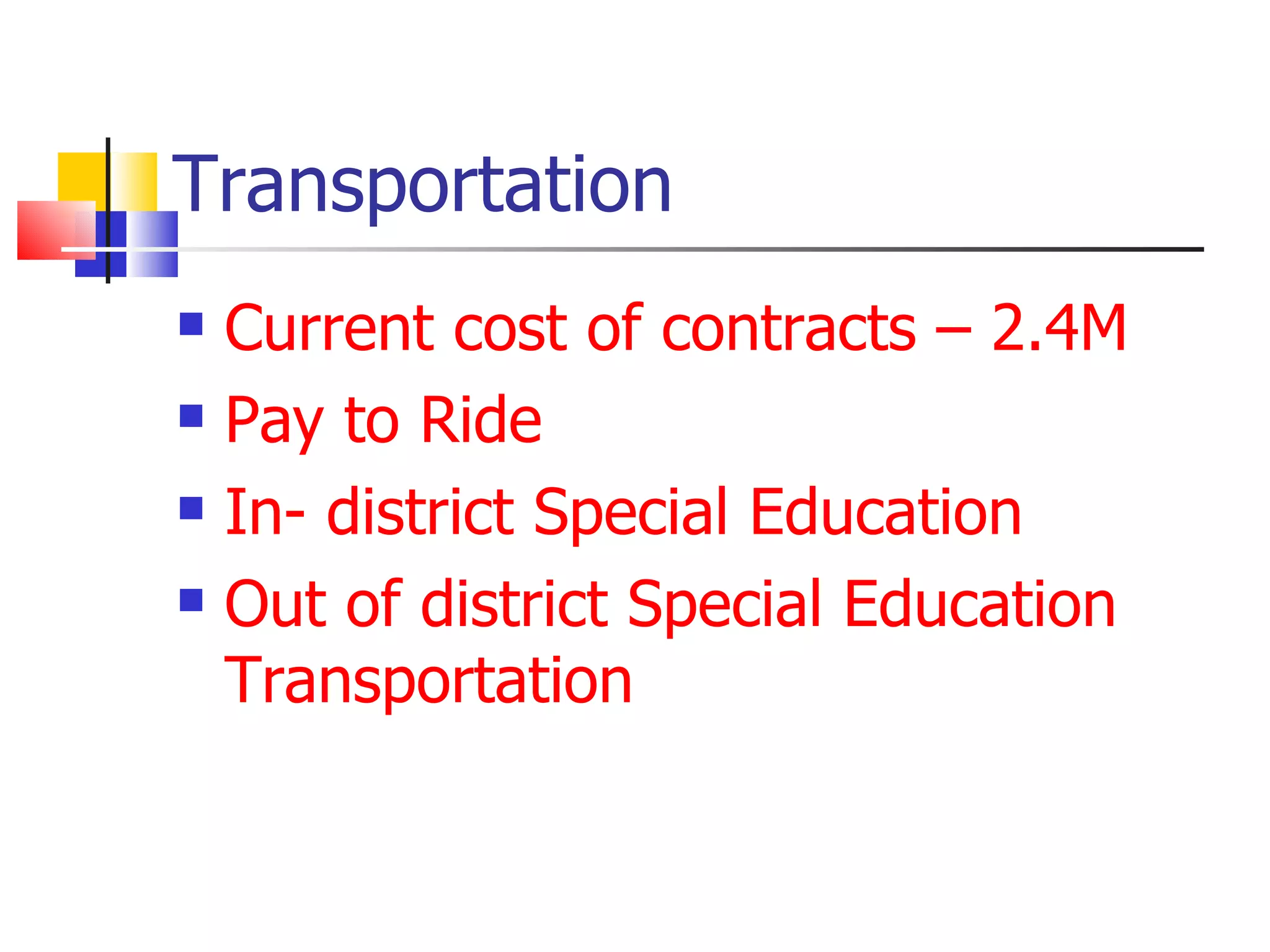 Transportation Current cost of contracts – 2.4M Pay to Ride In- district Special Education Out of district Special Education Transportation 