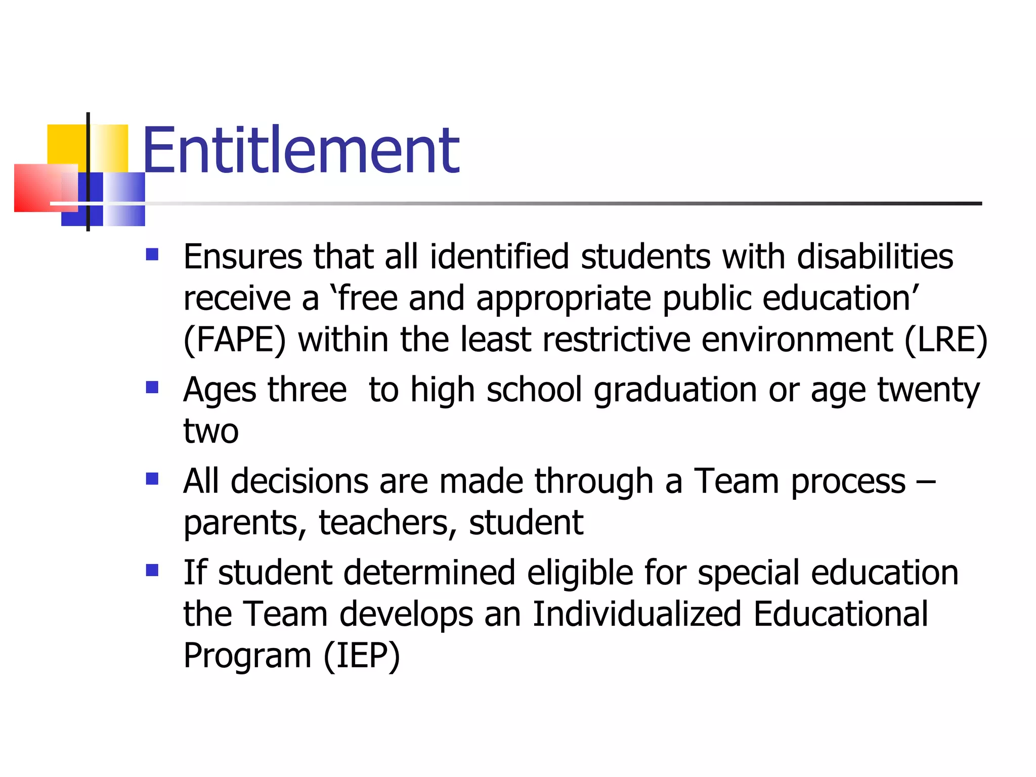 Entitlement Ensures that all identified students with disabilities receive a ‘free and appropriate public education’ (FAPE) within the least restrictive environment (LRE) Ages three  to high school graduation or age twenty two All decisions are made through a Team process – parents, teachers, student If student determined eligible for special education the Team develops an Individualized Educational Program (IEP) 