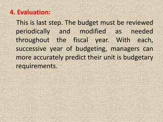 4. Evaluation:
This is last step. The budget must be reviewed
periodically and modified as needed
throughout the fiscal year. With each,
successive year of budgeting, managers can
more accurately predict their unit is budgetary
requirements.
 