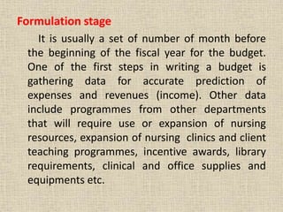 Formulation stage
It is usually a set of number of month before
the beginning of the fiscal year for the budget.
One of the first steps in writing a budget is
gathering data for accurate prediction of
expenses and revenues (income). Other data
include programmes from other departments
that will require use or expansion of nursing
resources, expansion of nursing clinics and client
teaching programmes, incentive awards, library
requirements, clinical and office supplies and
equipments etc.
 