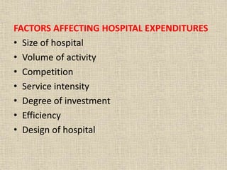 FACTORS AFFECTING HOSPITAL EXPENDITURES
• Size of hospital
• Volume of activity
• Competition
• Service intensity
• Degree of investment
• Efficiency
• Design of hospital
 