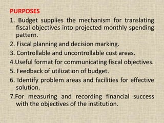 PURPOSES
1. Budget supplies the mechanism for translating
fiscal objectives into projected monthly spending
pattern.
2. Fiscal planning and decision marking.
3. Controllable and uncontrollable cost areas.
4.Useful format for communicating fiscal objectives.
5. Feedback of utilization of budget.
6. Identify problem areas and facilities for effective
solution.
7.For measuring and recording financial success
with the objectives of the institution.
 
