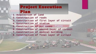 Project Execution
Plan
1. Acquisition of land
2. Construction of roads
3. Construction of first layer of circuit
4. Construction of stadium
5. Construction of pit zones
6. Construction of second layer of circuit
7. Construction of medical building
8. Construction of final layer of circuit
 