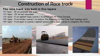 Construction of Race track
The race track was built in five layers :
1st
layer : 25 cm granular sub base
2nd
layer : 20 cm wet macadam
3rd
layer : 9 cm asphalt base coarse ( to withstand ith heavy forces)
4th
layer : 5 cm binder coarse ( to endure the shearing forces from fast running cars)
5th
layer : 4 cm wear in coarse ( asphalt paved over a bind coarse to complete the track)
 