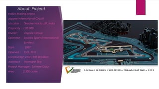 About Project
India’s Racing Arena
Jaypee International Circuit
Location : Greater Noida ,UP, India
Capacity : 1,20,000
Owner : Jaypee Group
Operator : Jaypee Sports International
Limited
Start : 2007
Opened : Oct. 2011
Construction cost : INR 20 billion
Architect : Hermann Tike
Project Manager : Sameer Gaur
Area : 2,500 acres
 