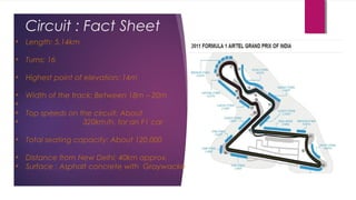 Circuit : Fact Sheet
• Length: 5.14km
• Turns: 16
• Highest point of elevation: 14m
• Width of the track: Between 18m – 20m
•
• Top speeds on the circuit: About
• 320km/h, for an F1 car
• Total seating capacity: About 120,000
• Distance from New Delhi: 40km approx.
• Surface : Asphalt concrete with Graywacke
 