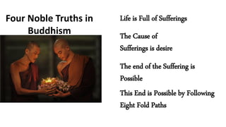 Four Noble Truths in
Buddhism
Life is Full of Sufferings
The Cause of
Sufferings is desire
The end of the Suffering is
Possible
This End is Possible by Following
Eight Fold Paths
 