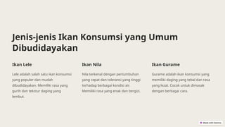 Jenis-jenis Ikan Konsumsi yang Umum
Dibudidayakan
Ikan Lele
Lele adalah salah satu ikan konsumsi
yang populer dan mudah
dibudidayakan. Memiliki rasa yang
gurih dan tekstur daging yang
lembut.
Ikan Nila
Nila terkenal dengan pertumbuhan
yang cepat dan toleransi yang tinggi
terhadap berbagai kondisi air.
Memiliki rasa yang enak dan bergizi.
Ikan Gurame
Gurame adalah ikan konsumsi yang
memiliki daging yang tebal dan rasa
yang lezat. Cocok untuk dimasak
dengan berbagai cara.
 